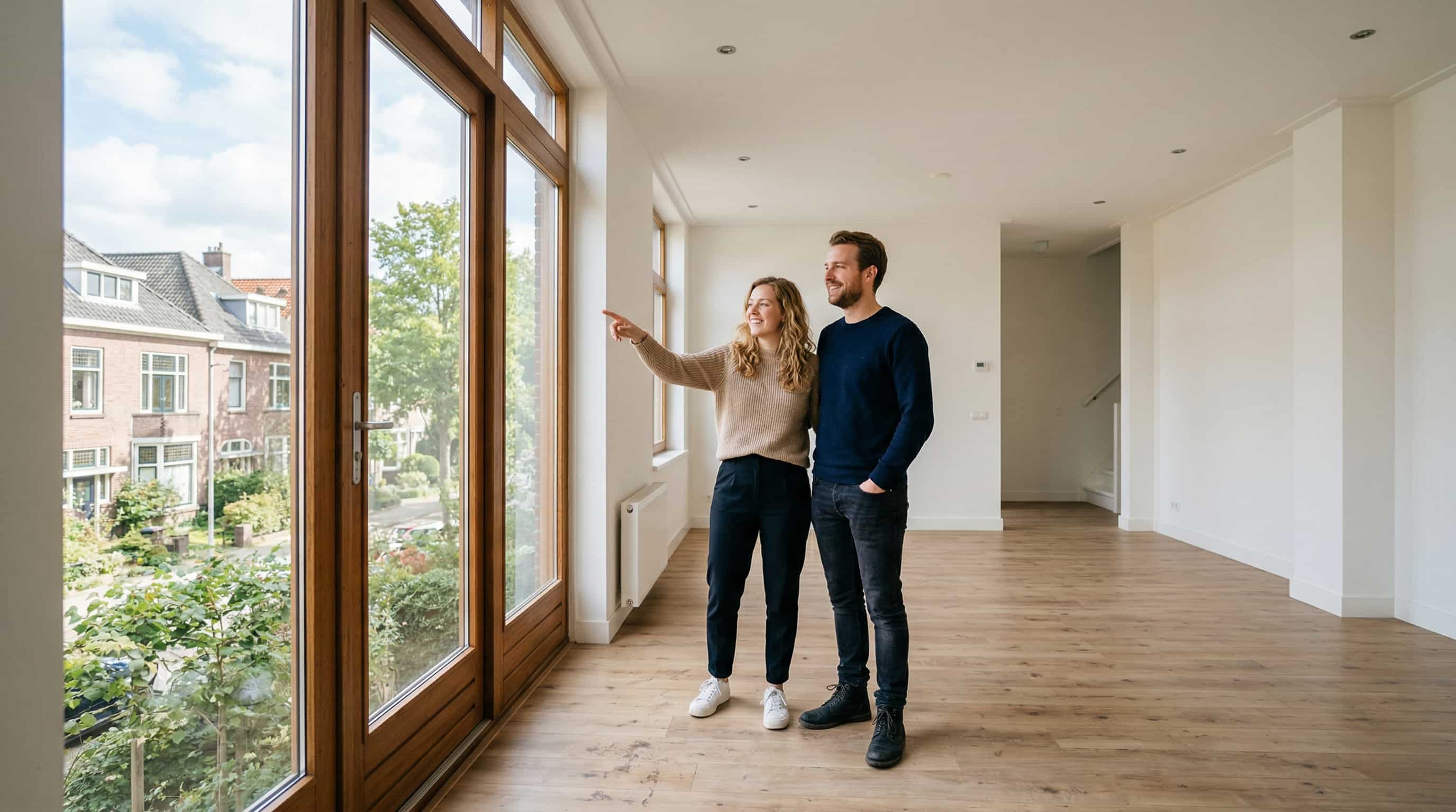 Twee mensen bekijken een lege huurwoning tijdens bezichtiging