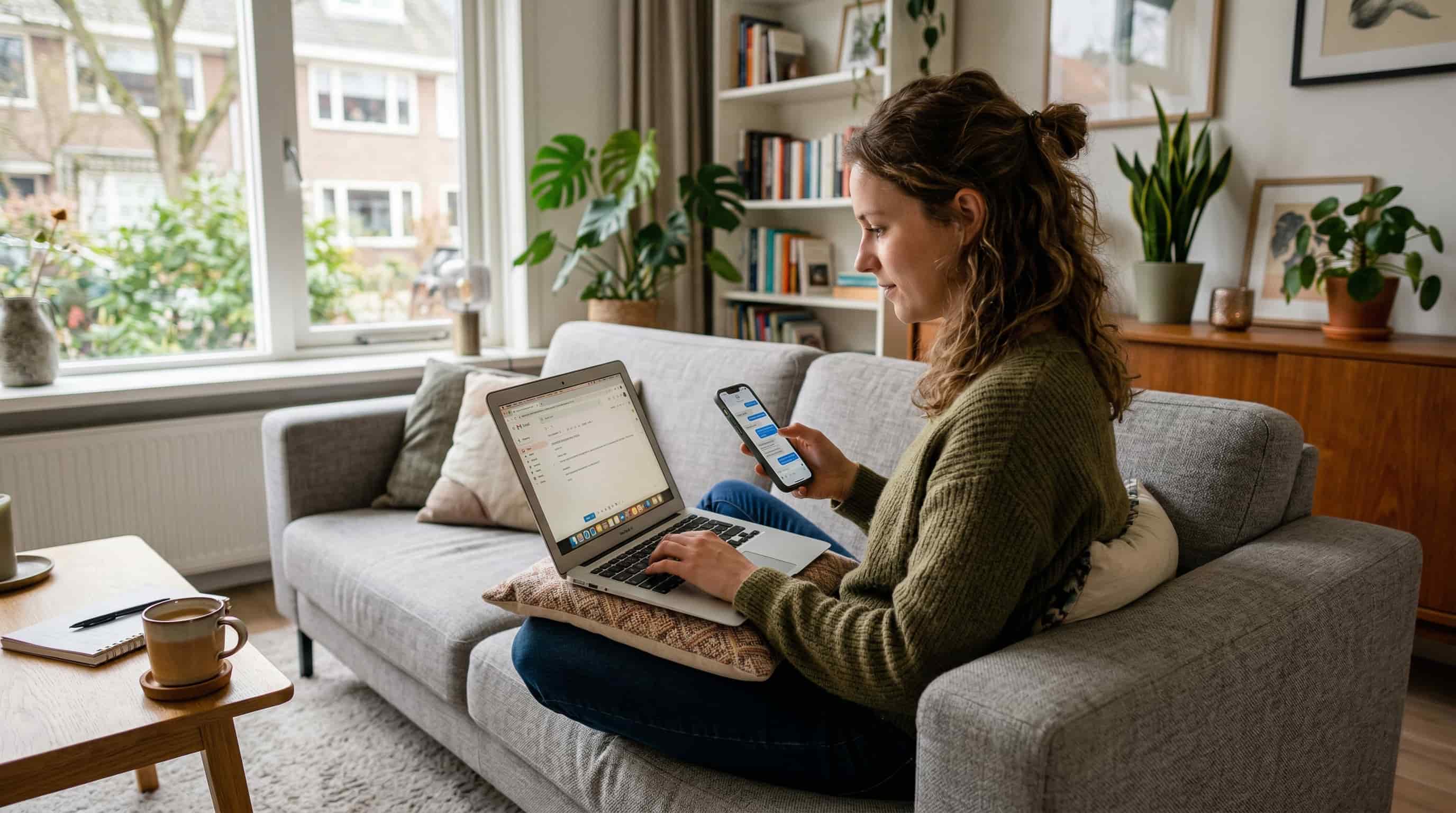 Persoon typt bericht op laptop op bank thuis
