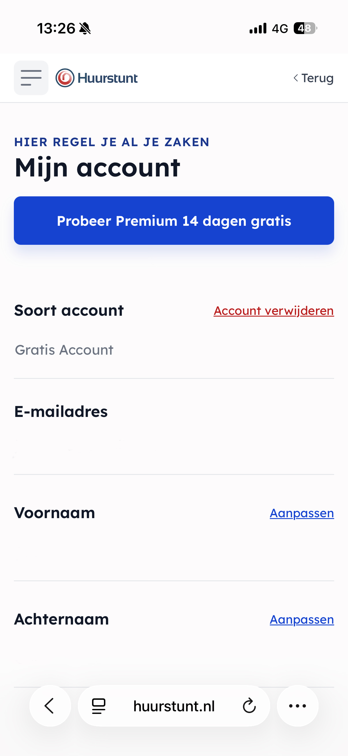 Huurstunt gratis account verwijderen in de account